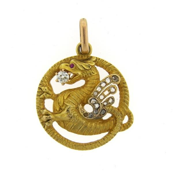 Antique 18K Gold Diamond Dragon Pendant (1 of 3)