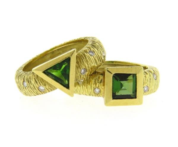 18K Gold Green Tourmaline Diamond Rings Set of 2 (1 of 5)