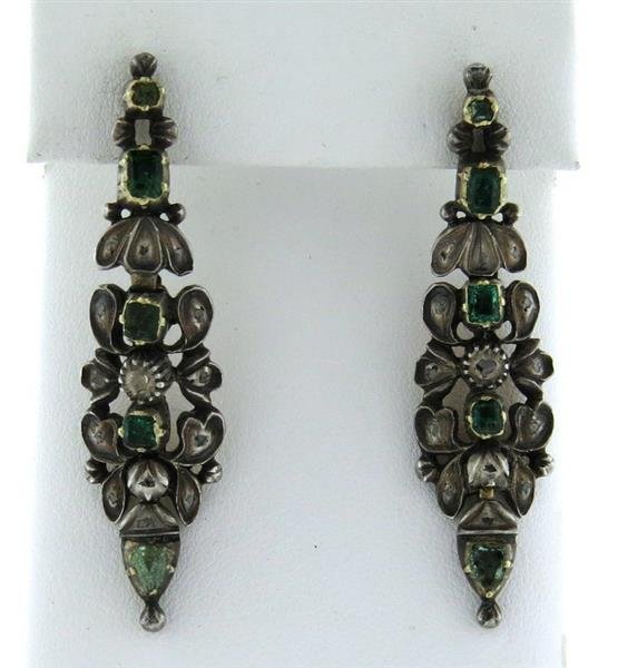 Antique 18k Gold Silver Diamond Green Stone Earrings (1 of 7)