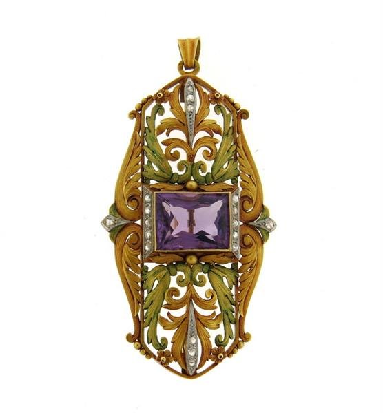 18K Multi Color Gold Amethyst Diamond Pendant Brooch (1 of 3)