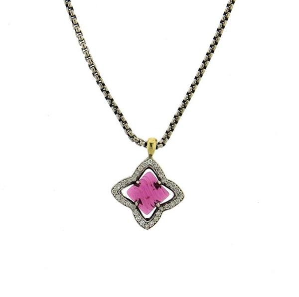 David Yurman Quatrefoil Sterling 18k Gold Tourmaline: Necklace is 16" long, pendant measures 21mm x 17mm. Decorated with carved pink tourmaline and diamonds. Marked: 925, 750, D.Y. Weight - 7.5 grams.Gemstones have not been graded for color and clar