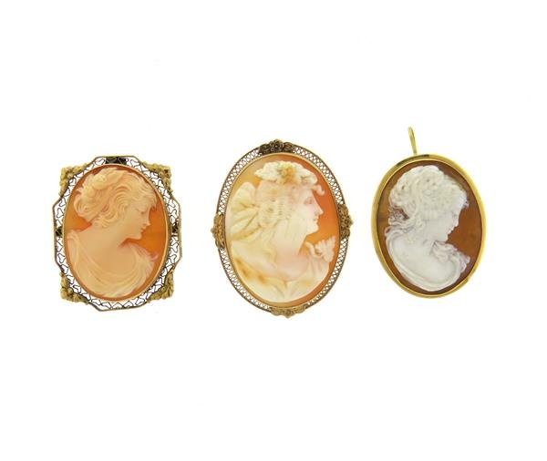 Lot of 3 10K 18K Gold Cameo Brooch Pendants (1 of 2)