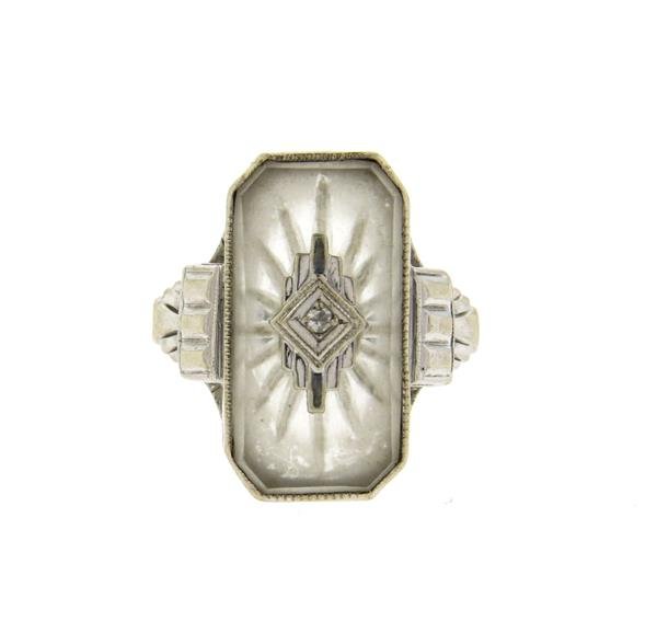 Art Deco 14K Gold Carved Crystal Diamond Ring (1 of 3)