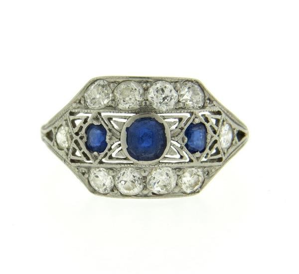 Antique Art Deco Sapphire Diamond Platinum Ring (1 of 3)