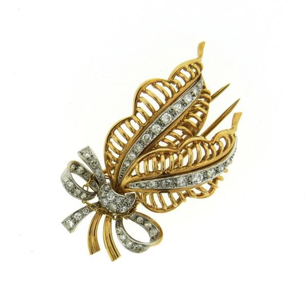 Retro 18K Gold Diamond Leaf Motif Brooch Pin (1 of 4)