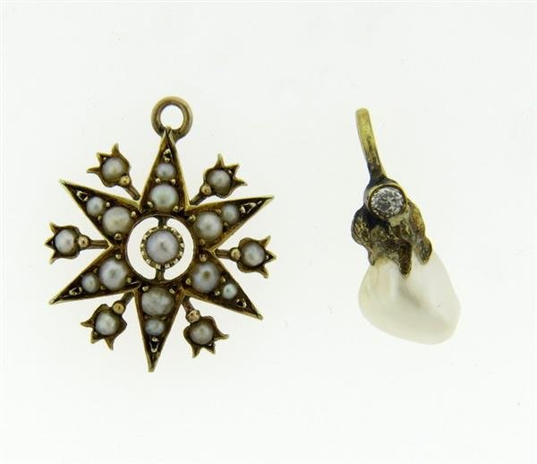 Antique 14K 9K Gold Diamond Pearl Pendants Lot of 2 (1 of 2)