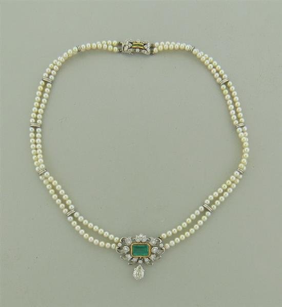 Platinum 18K Gold Diamond Emerald Pearl Necklace (1 of 5)