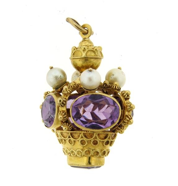 Etruscan 18K Yellow Gold Amethyst Pearl 3D Charm (1 of 3)