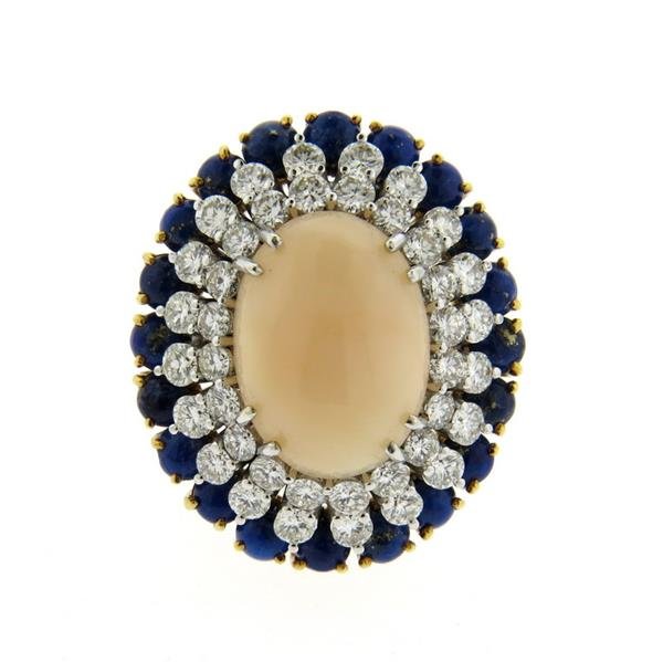 1960s 18K Gold Coral Diamond Lapis Cocktail Ring (1 of 5)
