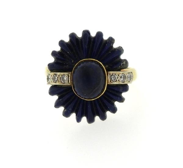 1970s 18k Gold Carved Lapis Diamond Ring (1 of 5)