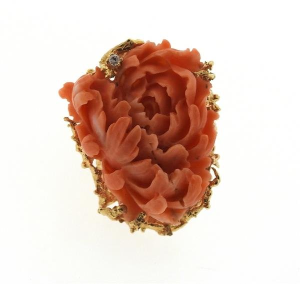 Large 14k Gold Carved Coral Diamond Ring (1 of 7)