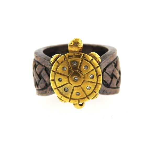 Saint by Sarah Jane 18k Gold Sterling Diamond Turtle: Ring size - 6 3/4, ring top is 12.5mm wide. turtle measures 18.2mm x 13.3mm. Decorated with 9 diamonds. Marked: Saint, 925, 18k. Retail $1495. Weight - 18.2 grams.Gemstones have not been graded for co