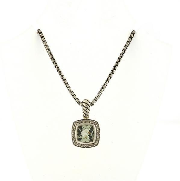 David Yurman Albion Sterling Silver Prasiolite Diamond: Pendant features a faceted prasiolite measuring 7mm x 7mm. Diamonds total approx. 0.17ctw. Pendant measures 11mm wide x 20mm long (including bale). Box chain necklace measures 1.5mm wide and 17"