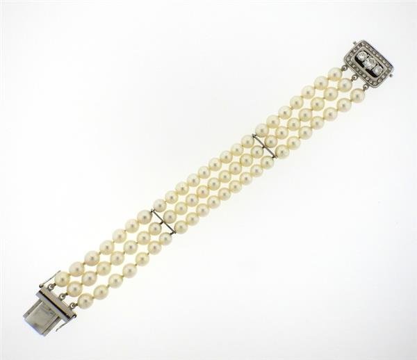 14K Gold Three Row Pearl 1.40ctw Diamond Bracelet (1 of 5)