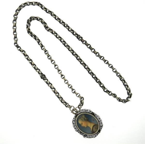 Antique Silver Hand Painted Portrait Brooch Pendant (1 of 7)