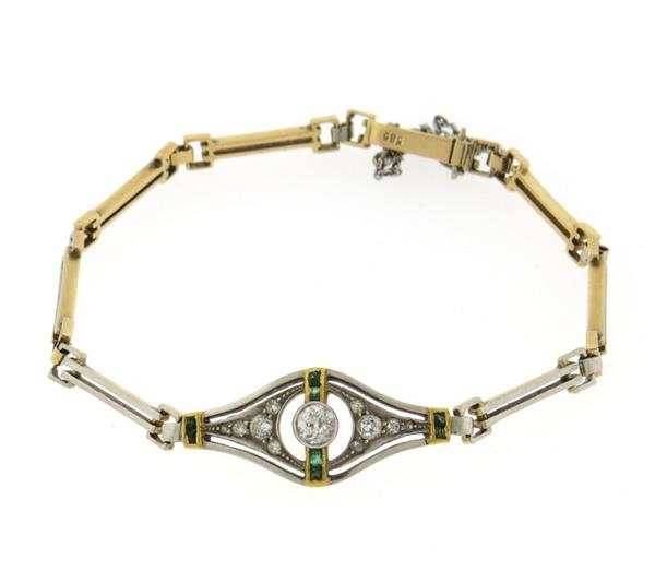 Art Deco Platinum 14k Gold Diamond Emerald Bracelet (1 of 6)