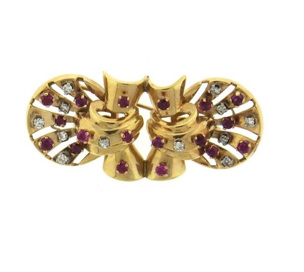 Retro 14k Gold Ruby Diamond Bow Brooch Pendant (1 of 4)