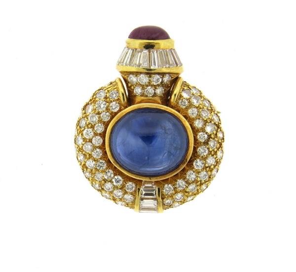 18k Gold Ruby Sapphire Cabochon Diamond Brooch Pin (1 of 5)
