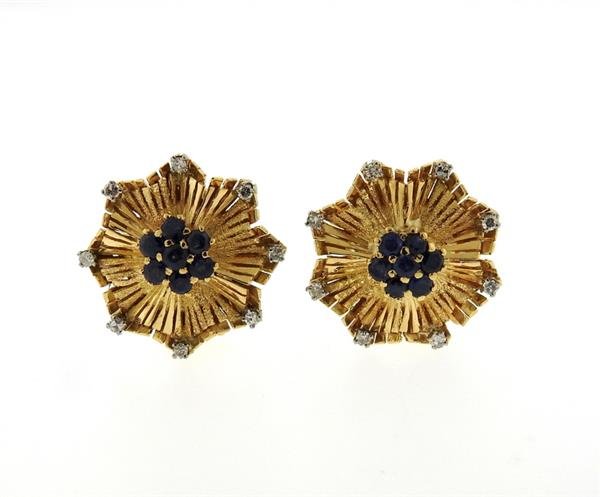 Mid Century 18K Gold Sapphire Diamond Earrings (1 of 3)