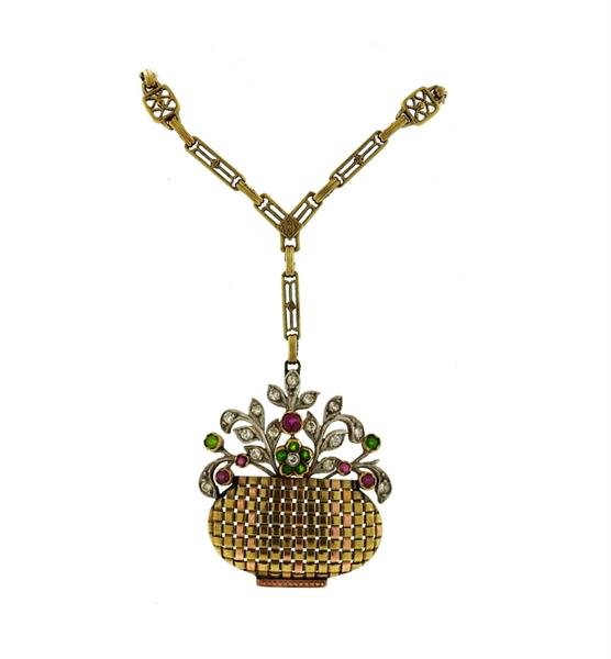 1930s Retro 14k Gold Diamond Gemstone Basket Pendant (1 of 3)