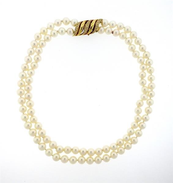 18K Gold Two Strand Pearl Diamond Clasp Necklace (1 of 6)