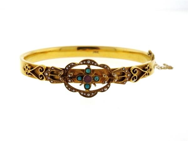 Antique 14k Gold Pearl Turquoise Bangle Bracelet (1 of 2)