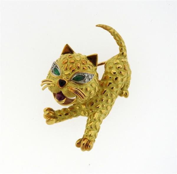 French 18K Gold Diamond Emerald Ruby Cat Brooch Pin (1 of 5)