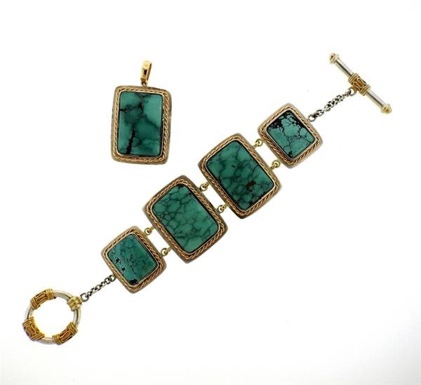 Sterling Silver 14k Gold Turquoise Pendant Bracelet Set: Bracelet - 7 5/8" long end to end and 37mm at widest point. Pendant - 51mm long with bale x 29mm wide. Set with turquoise. Marked: 14k, tested silver. Weight of both - 100.9 grams.Gemstones have