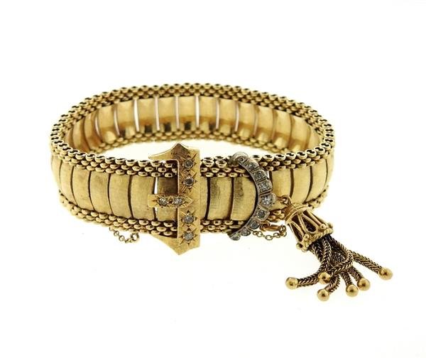 Mid Century 14K Gold Diamond Tassel Buckle Bracelet (1 of 4)
