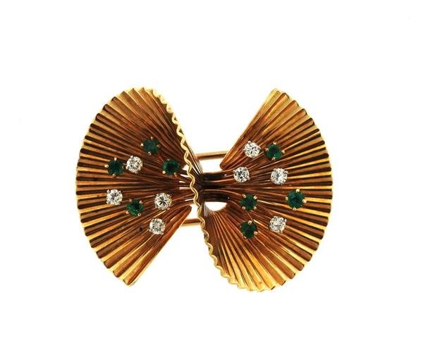 Retro 14K Gold Diamond Emerald Pinwheel Brooch Pin (1 of 3)