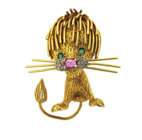 1960s 18k Gold Ruby Emerald Diamond Lion Brooch (1 of 4)