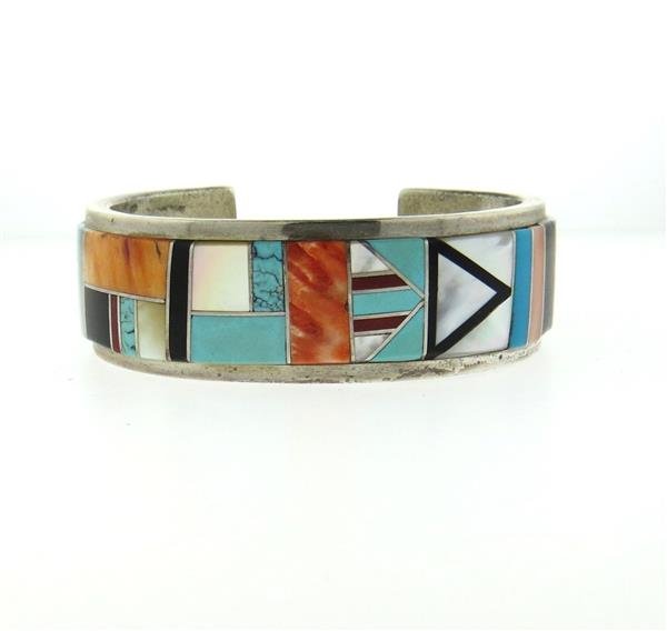 Sterling Silver Turquoise Onyx MOP Coral Inlay Cuff (1 of 5)