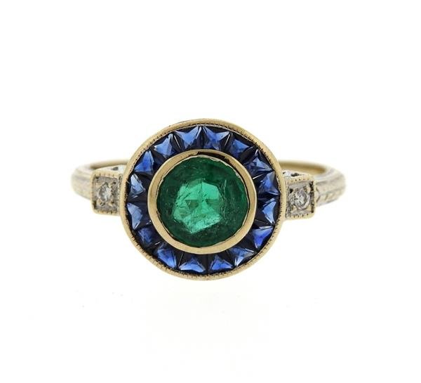 Art Deco Filigree 18K Gold Emerald Sapphire Diamond (1 of 4)