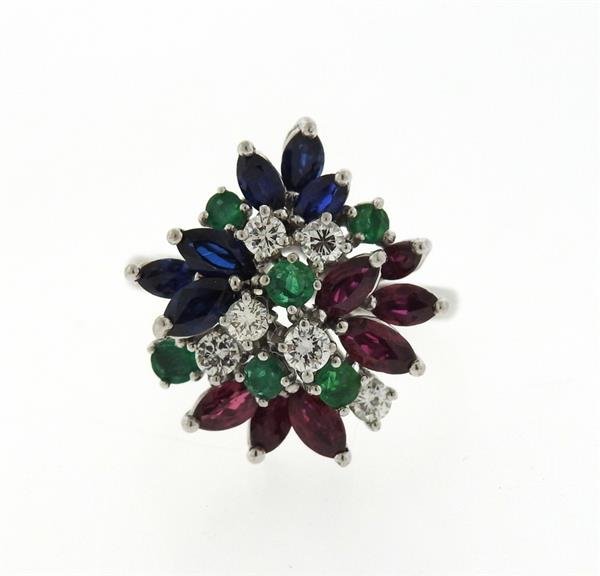 Platinum Diamond Ruby Sapphire Emerald Cluster Ring (1 of 4)