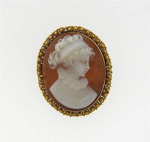 Antique 18k Gold Shell Cameo Brooch Pendant: METAL: 18k yellow gold. MEASUREMENTS: 40mm x 32mm, hidden bale. GEMSTONES: shell cameo. TESTED: 18k. WEIGHT: 9.5 grams.Gemstones have not been graded for color and clarity ,and tested for clarity and 