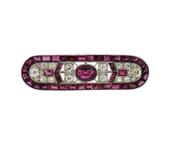 AGL Art Deco 1920s Platinum Ruby Diamond  Brooch (1 of 3)