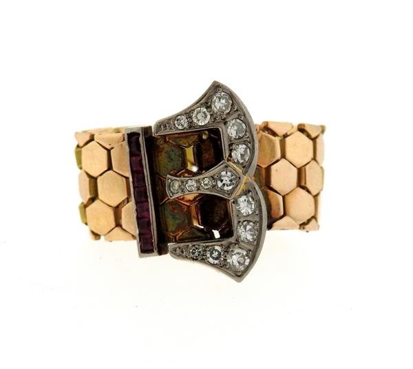 Retro  14k Gold Diamond Ruby Buckle Band Ring (1 of 3)