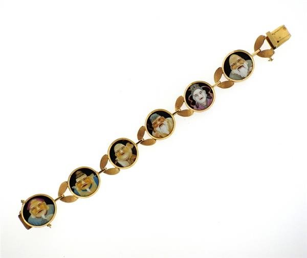 18k Gold Japanese Toshikane Bracelet: METAL: 18k gold. MEASUREMENTS: bracelet is 7 1/2" long x 21mm wide. MARKED: 18k. WEIGHT: 40.9 grams.Gemstones have not been graded for color and clarity ,and tested for clarity and color enhancem
