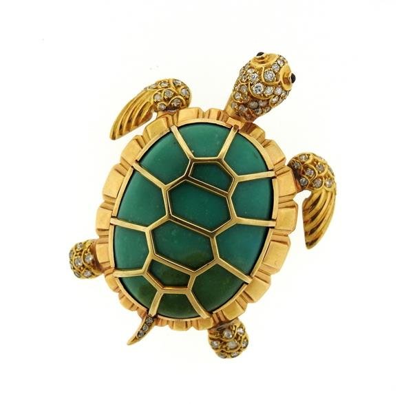 Large 14k Gold Diamond Turquoise Turtle Brooch (1 of 6)