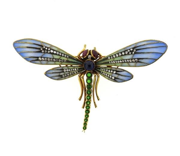 Large 18k Gold Plique A Jour Gemstone Diamond Dragonfly (1 of 5)