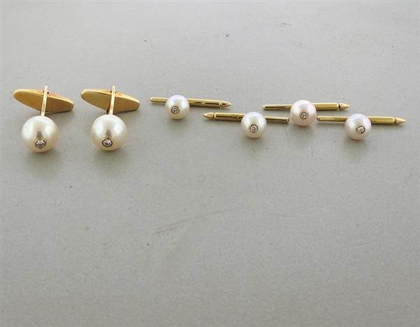 14K Gold Pearl Diamond Cufflinks Dress Stud Set (1 of 5)