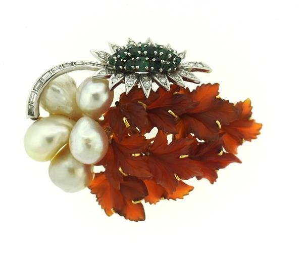 E.Pearl 18K Gold Diamond Emerald Crystal Leaf Brooch (1 of 6)