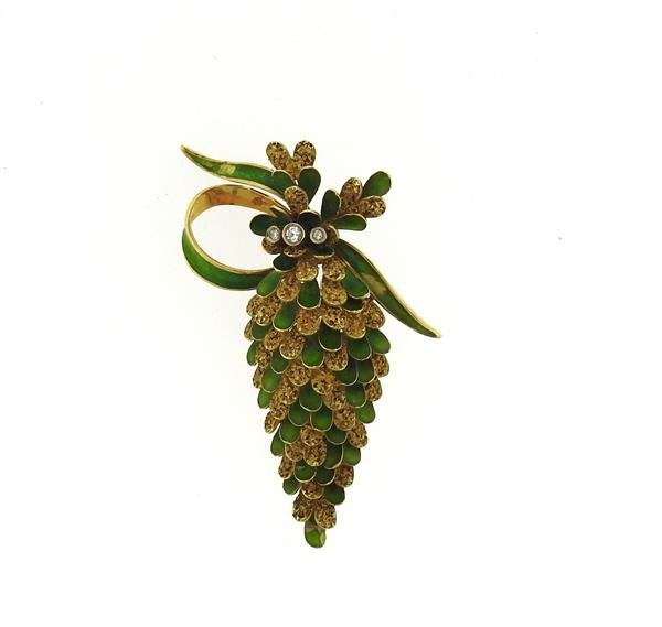 Italian 18K Gold Diamond Enamel Floral Brooch Pin (1 of 4)