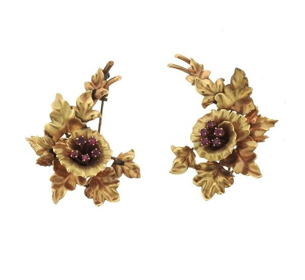 Retro 14K Gold Ruby Floral Brooch Pin Lot of 2 (1 of 4)