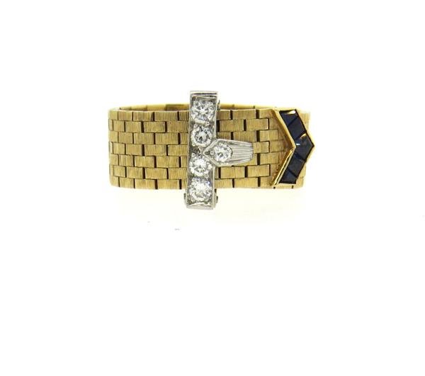 Retro 14k Gold Diamond Sapphire Buckle Ring (1 of 5)