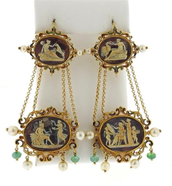 Antique 18k Gold Large Cameo Pearl Drop Earrings (1 of 9)