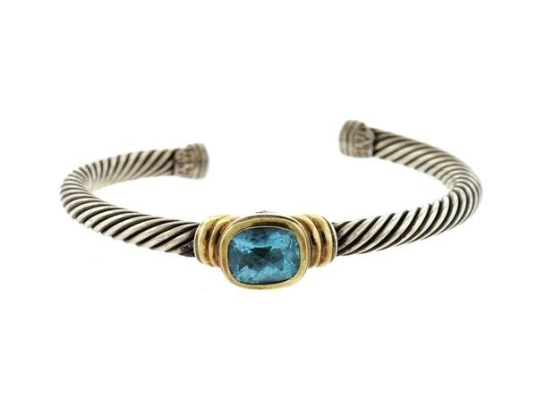 David Yurman 14K Gold Sterling Blue Topaz Cable Cuff (1 of 3)