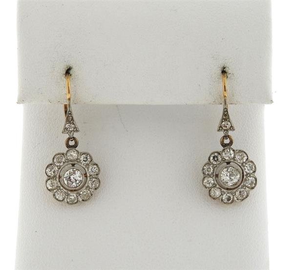 Antique 18k Gold Diamond Flower Drop Earrings (1 of 4)