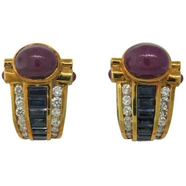 1980s 14K Gold Ruby Cabochon Sapphire Diamond Earrings (1 of 3)