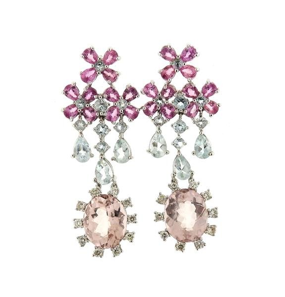 18k Gold Aquamarine Morganite Sapphire Earrings: METAL: 18k gold. MEASUREMENTS: earrings are 47mm x 18mm. GEMSTONES: diamonds, aquamarines, sapphires and morganites. MARKED: S342, 9058S, S856, 18k,750. WEIGHT: 13.4 grams.Gemstones have not been grad